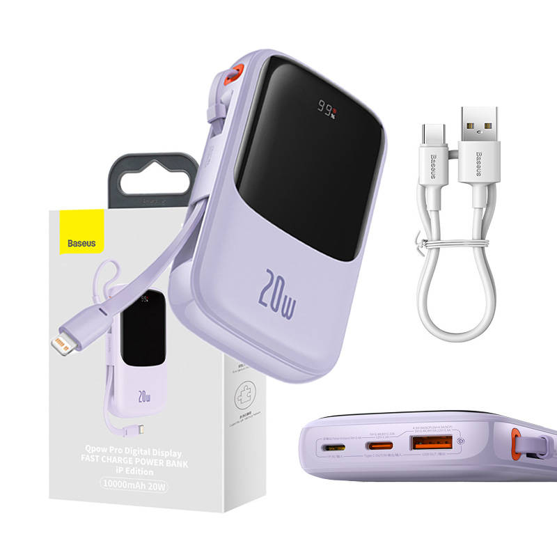 24371_4 Powerbank Baseus Qpow Pro z kablem Lightning, USB-C, USB, 10000mAh, 20W (fioletowy) - obrazek 1