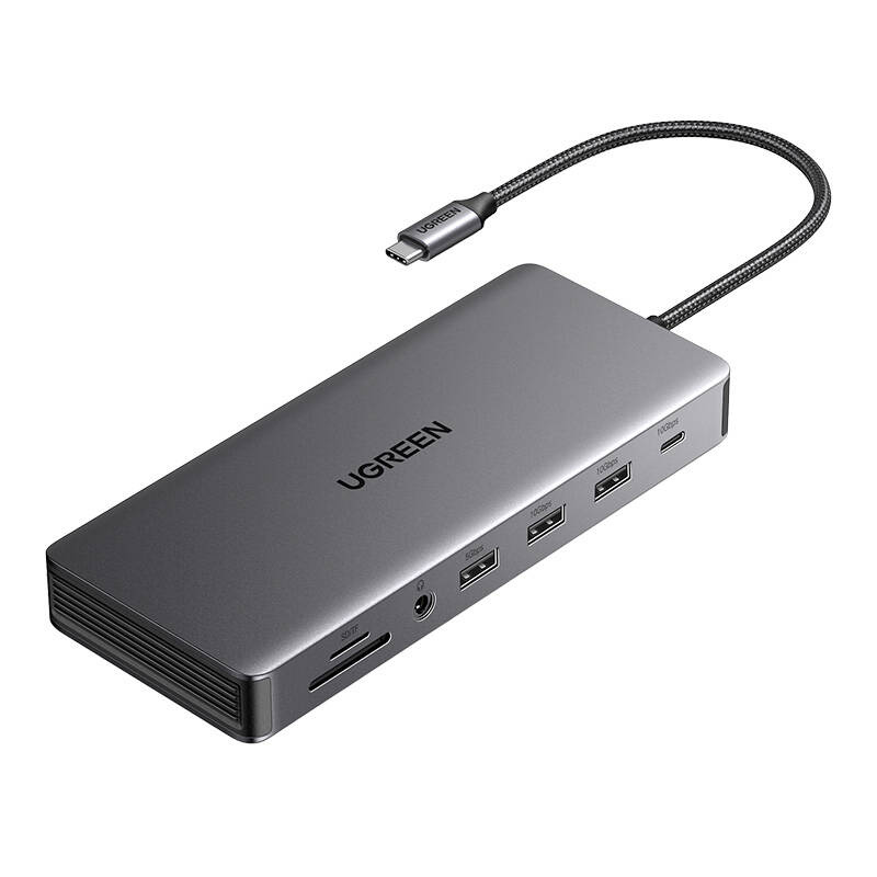 44042_1 Hub USB-C Ugreen CM681, 4x USB, 2x HDMI, DisplayPort, RJ45, SD/TF, AUX, PD 100W (szary) - obrazek 1