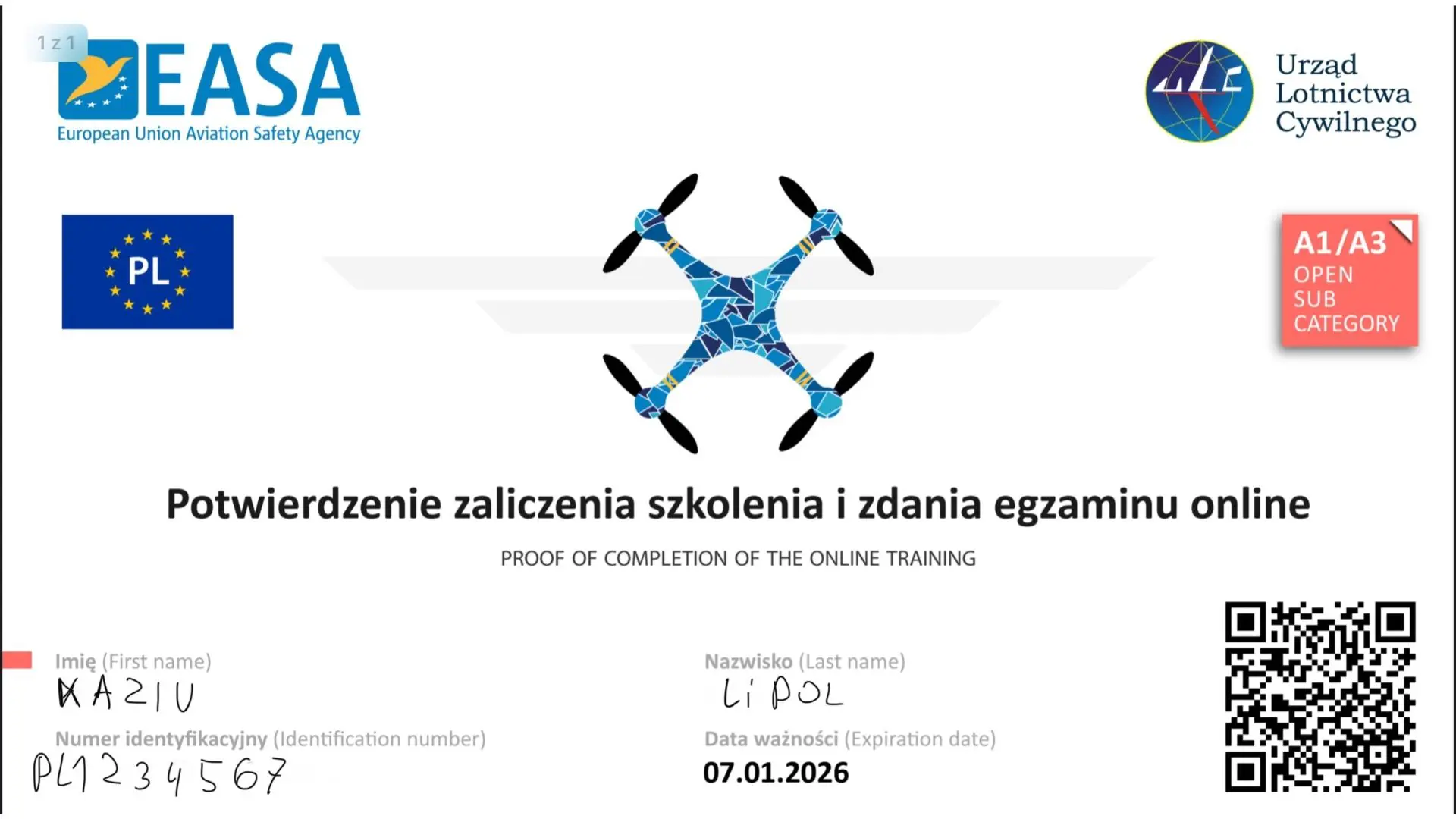 A1 A2 A3 jak wygląda potwierdzenie zaliczenia i zdania egzaminów olnine ULC EASA ironskypl